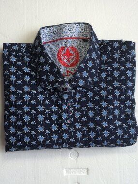 Au Noir Mens Short Sleeve Button Down Shirt Sz 5 (XL) Navy Blue Palm Trees